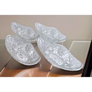 4 Clear Glass Starburst Design Oblong Boats Dish by Anchor Hocking Vintage